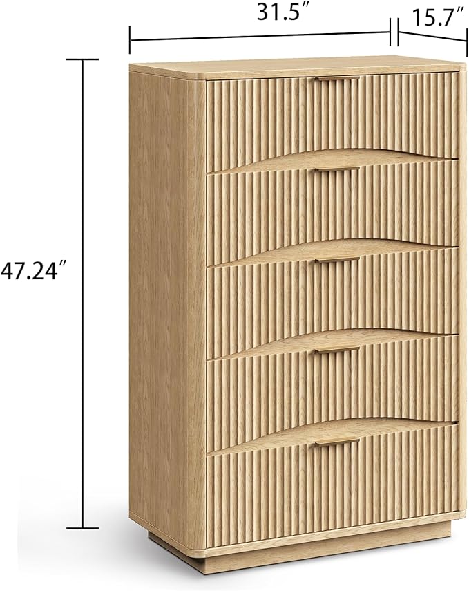 Fluted 5 Drawers Dresser, 47" Tall Wooden Dressers Storage Organizer,Modern Chest of Drawers for Bedroom with Deep Storage, Living Room,Entryway, Natural Oak