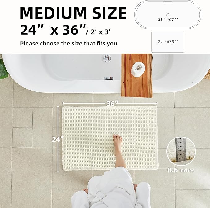 Cream White Bathroom Rugs, Waffle Bath Mat Non Slip Washable Super Absorbent Quick Dry Boho Farmhouse Bathroom Decor, 36"x24" Cream White