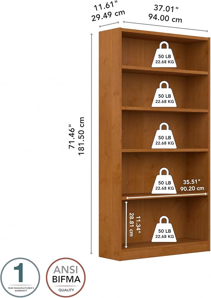 Bush Furniture Universal Tall 5 Shelf Bookcase in Natural Cherry
