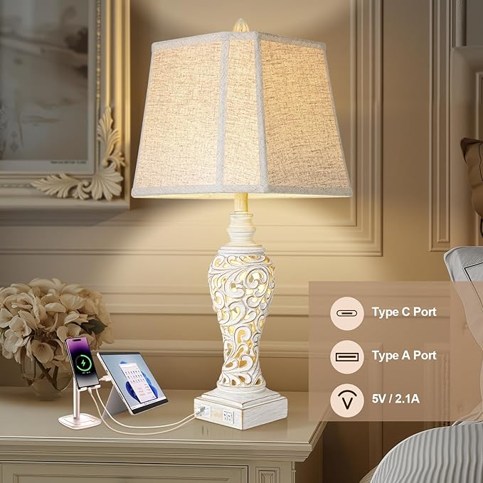 Vintage Table Lamps Set of 2, 28.5'' High Bedside Lamps with Fabric Shade, Farmhouse Nightstand Lamps with USB A+C Ports and Nightlight - Perfect for Living Room Bedroom Office Study (Bulb Included)
