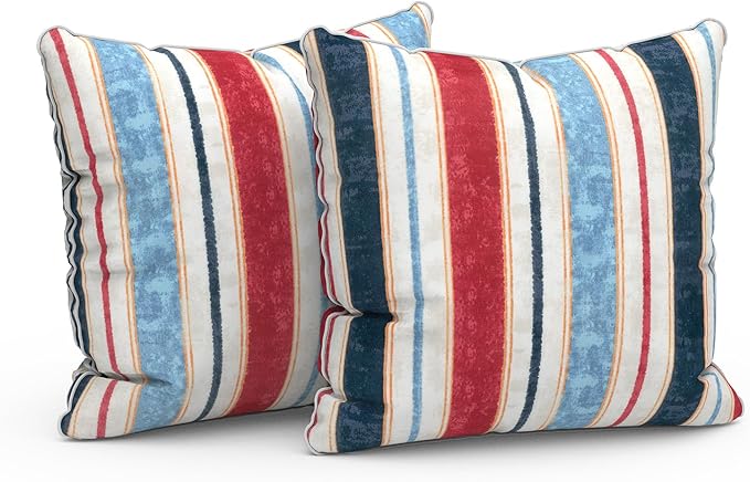 LVTXIII Outdoor Throw Pillows 18x18 Patio Waterproof Square Pillows with Piping Fade Resistant Accent Pillow for Spring Summer Garden Decoration, Set of 2, Stripe Red Blue