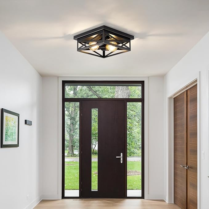 Farmhouse Flush Mount Ceiling Light for Kitchen,2-Light Modern Rustic Metal Finish Industrial Kitchen Ceiling Light Fixture for Bedroom, Hallway Entryway(Black & Gold Border)