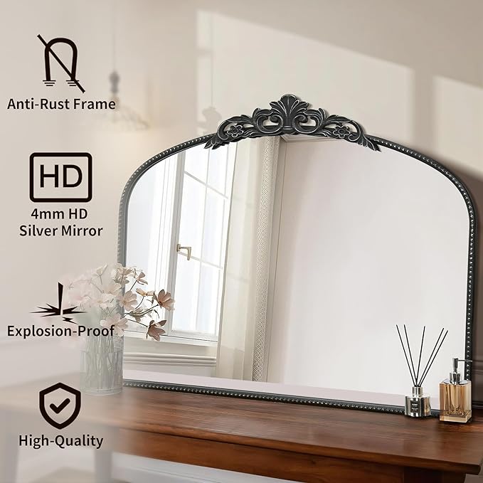 Micasso Black Vintage Mirror, 29"x 36" French Baroque Antique Arched Wall Mounted Mirror Decorative Ornate Entryway Mirror for Wall Decor, Living Room, Hallway