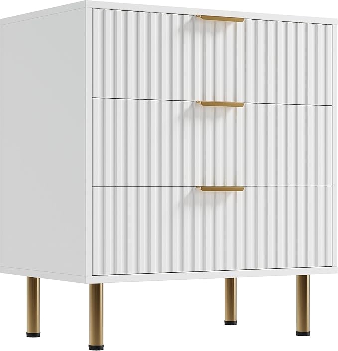 White 3 Drawer Dresser for Bedroom, Fluted Modern Nightstand with Deep Drawers, Chest of Drawers with Wide Top, Wooden Dresser Organizer, Side Table for Living Room, Hallway, Kids Room