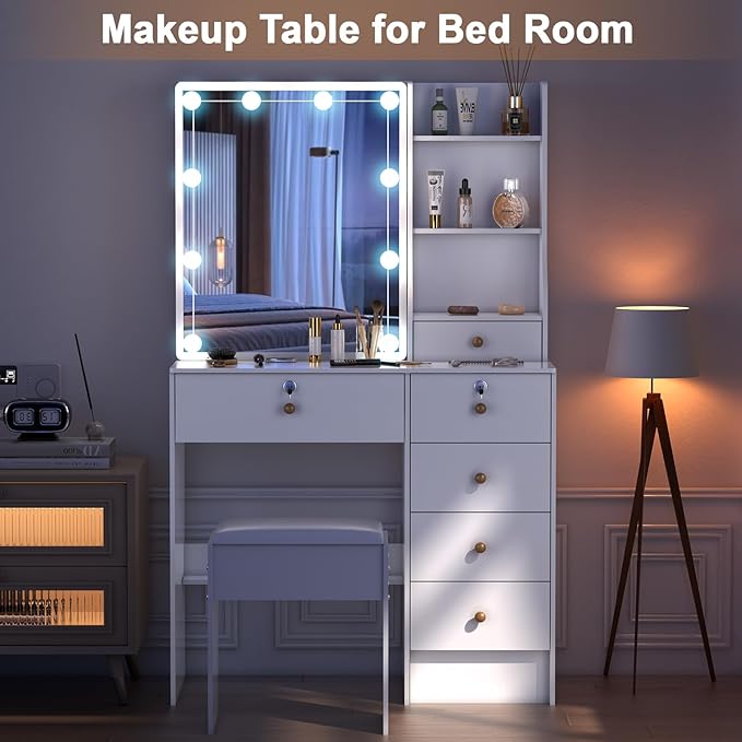 Vanity Desk with Makeup Mirror and Light, Makeup Dressing Table with 5 Drawers and Cushioned Stool for Bedroom, White Dressing Desk for Bedroom