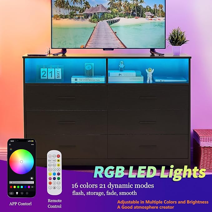 LIDYUK Dresser for Bedroom, Wood Dresser with 6 Drawers, Modern Minimalist Dressers & Chest of Drawers with Charging Station & LED Lights, 48 Inches TV Stand for Bedroom, Living Room, Black