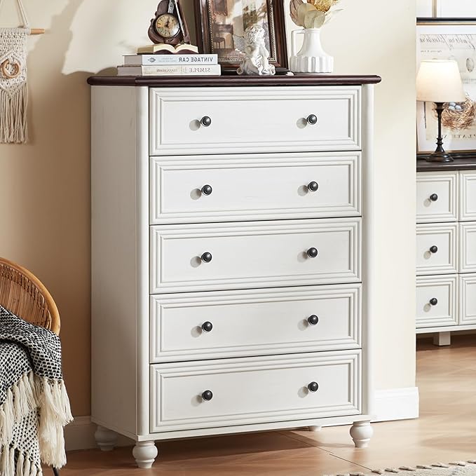 Farmhouse 5 Drawers Dresser for Bedroom, Wood 45" Tall Chest of Drawers, Dresser Rustic Storage Dressers Organizer with Metal Handle Closet for Living Room, Hallway Entryway