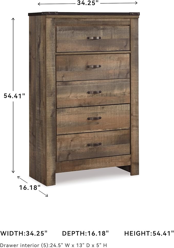 Signature Design by Ashley Trinell Rustic 5 Drawer Chest of Drawers with Nailhead Trim, Warm Brown