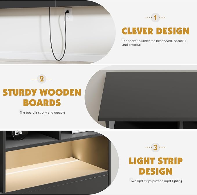 Queen/Full Headboard Only for Bedroom, Stylish Bookcase Headboard with Charging Station & 2 LED Lights, Engineered Wood Queen Size Headboard, Noise-Free HeadBoard with Storage, Black