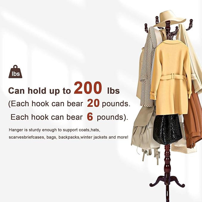 Coat Racks Freestanding, Natural Wood Coat Stands with 14 Hooks, 73" Heavy Duty Adjustable Height Vintage Hall Tree for Entryway, Bedroom, Office, Easy Assembly (Triangular Rosewood)