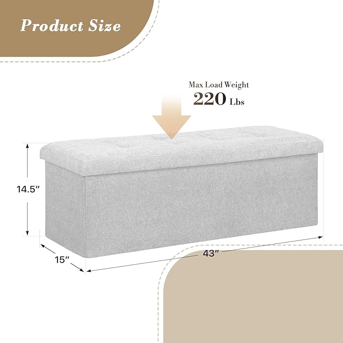 Athena Collection Ottoman Bench with Storage, 43 Inches Large End of Bed Storage Ottoman Bench, 130L Load 220 Lbs Linen Foot Rest for Bedroom, Living Room, Entyway, Light Gray