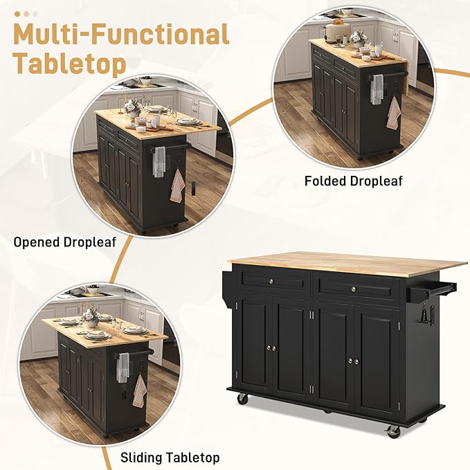 59.1" Movable Kitchen Island with Drop Leaf and Power Outlet, Rolling Island Cart w/Storage Cabinet, Island Table on Wheels for Kitchen w/2 Drawers, Spice Rack, Towel Bar, Garage Hook, Black