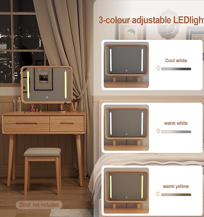 Soild Wood Vanity Table 38 IN with Light Mirror High Adjustable, Make Up Desk Large Dressing Table 3 Lighting Modes, Makeup Vanity 3 Drawer Dresser Vanity Table Wooden for Checkroom Apartment Bedroom