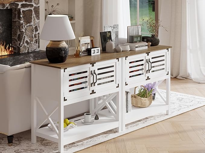 ChooChoo Farmhouse Console Table with Charging Station, 35.4 L x 17.7 D x 31.49 H Coffee Bar Cabinet with Storage, Sideboard Buffet Cabinet with Doors for Kitchen, Living Room, White