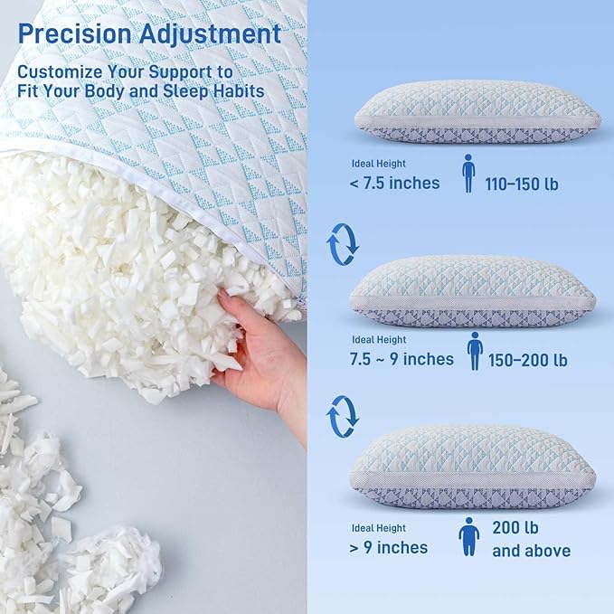 Shredded Memory Foam Cooling Soft Bamboo Viscose Pillow King Size, Adjustable Hypoallergenic Hotel Quality Bed Pillow for Stomach, Back and Side Sleeper, Oeko-TEX Certified