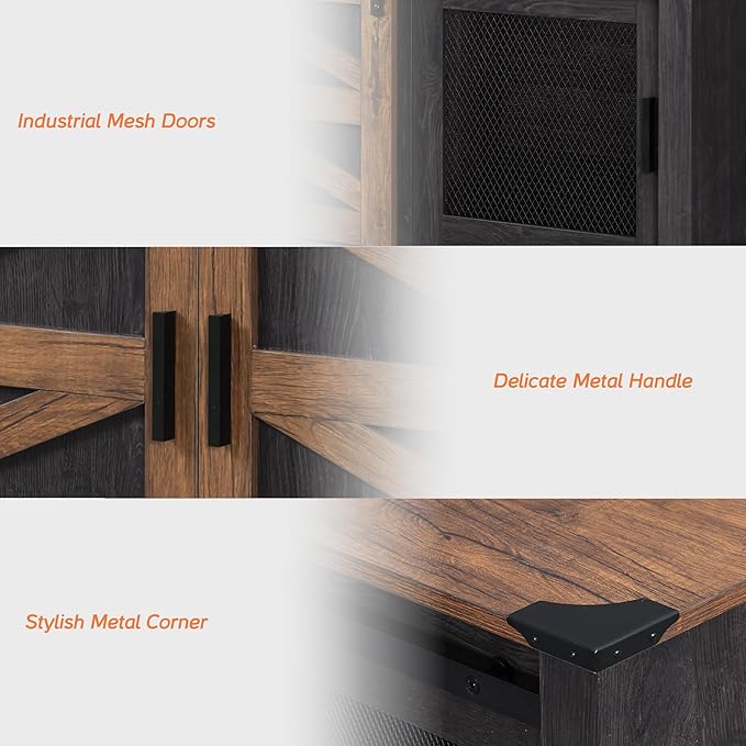 WAMPAT Farmhouse TV Stand for ups to 75 inch TV,Sliding Barn Door Entertainment Center Media TV Console Table with Storage Shelf for Living Room Bedroom，Dark Walnut and Black