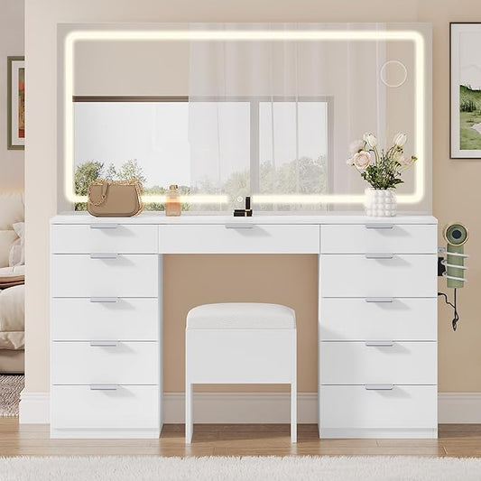 YITAHOME 46" Vanity Desk with Large LED Lighted Mirror, 3 Adjustable Lighting Modes, 11-Drawer Makeup Table Set with Charging Ports, Hair Dryer Holder & Storage Stool for Dressing Room, White