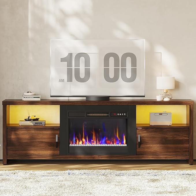 Bestier 70" Electric Fireplace TV Stand for TVs Up to 75", Modern Entertainment Center with Storage Cabinets, LED Lights, Open Shelves and Cable Holes for Living Room, Dark Walnut