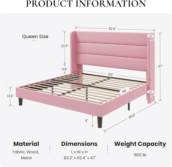 SHA CERLIN Queen Size Velvet Bed Frame/Vertical Channel Tufted Wingback Headboard/Upholstered Platform Bed with Wooden Slats/Mattress Foundation/No Box Spring Needed/Easy Assembly/Pink