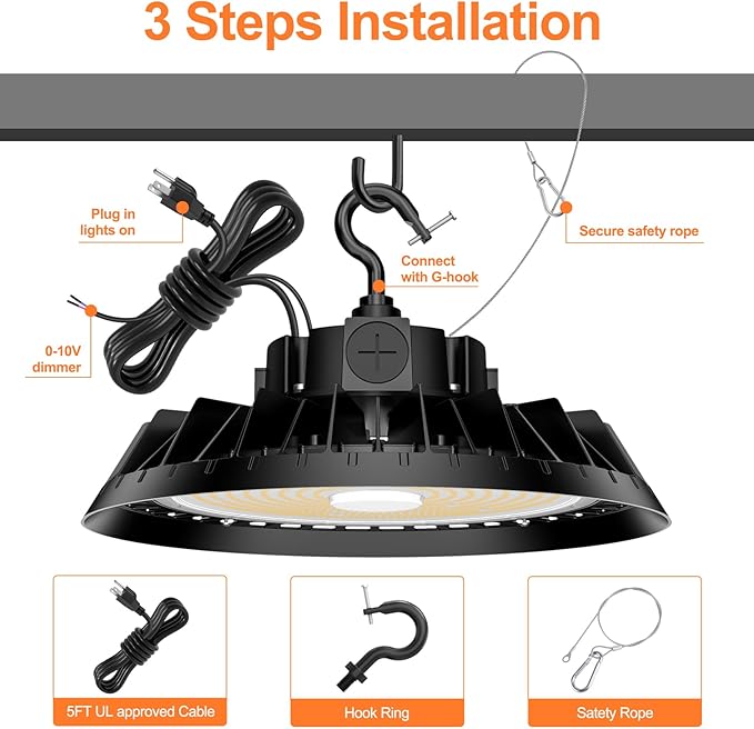 LED High Bay Lights, 240W UFO High Bay LED Shop Lights, 36000LM Adjustable CCT(5700K 5000K 4500K) & Power(240W 200W 150W), 0-10V Dimmable, 5' Cable Plug, IP65 Waterproof, ETL & DLC Listed High Bay
