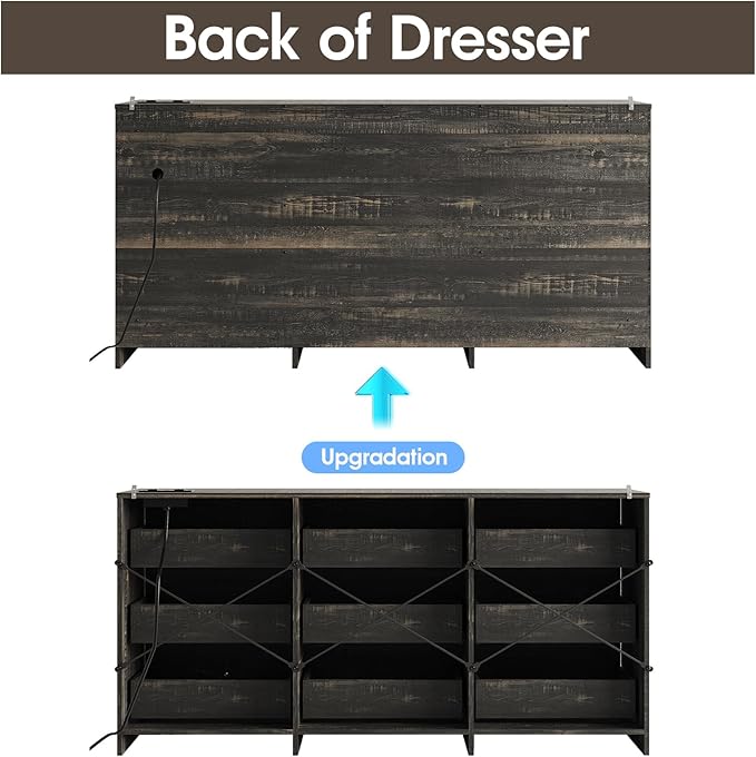 Fameill Dresser for Bedroom, 9 Drawer Wide Dresser Organizer with Charging Station, TV Stand for Livingroom, Chest of Drawers with Metal Handles, Dark Brown