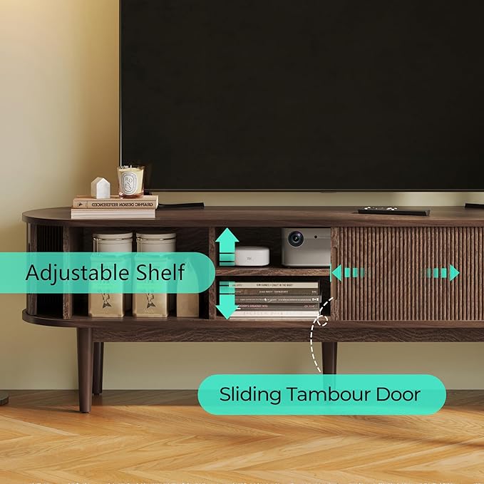 LINSY 58" Fluted TV Stand, Modern Entertainment Center for TVs Up to 65 inches, TV Console with Sliding Doors, Curved Profile Design, Media Console for Living Room, Walnut