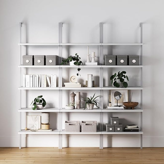 Nathan James Theo 5-Shelf Modern Bookcase, Open Wall Mount Ladder Bookshelf with Industrial Metal Frame, White, Set of 3