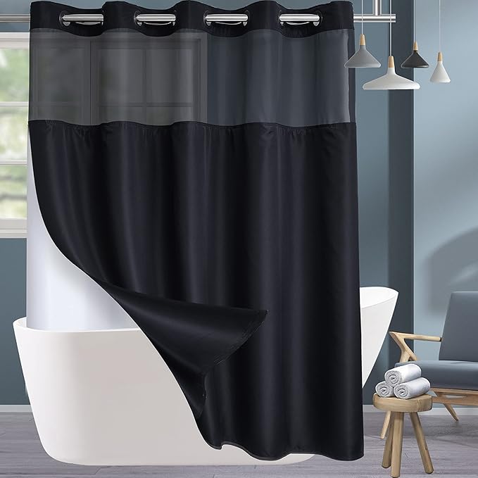 Conbo Mio No Hook Shower Curtain with Snap in Liner Set, Hotel Luxury Black Fabric Shower Curtains for Bathroom with See Through Top Window, Washable, Waterproof 71W x 74H