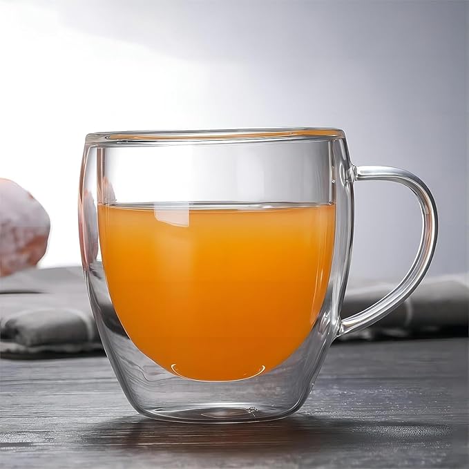 Espresso Cups Set Of 2, Double Walled Glass Coffee Mugs with Handle,Insulated Layer Coffee Cups,Clear Borosilicate Glass Mugs,Perfect for Cappuccino,Tea,Latte,Espresso (8oz-2Pack)