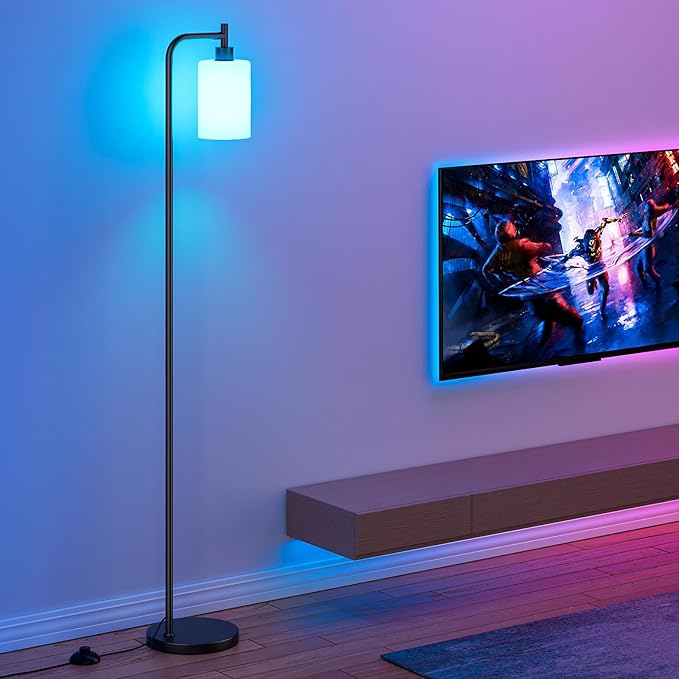 RGB Floor Lamps for Living Room, Dimmable Industrial Standing Lamp with Remote Control for Bedroom Office Corner, 3 Colors Temperature, White Glass Shade, 9W RGB LED Bulb