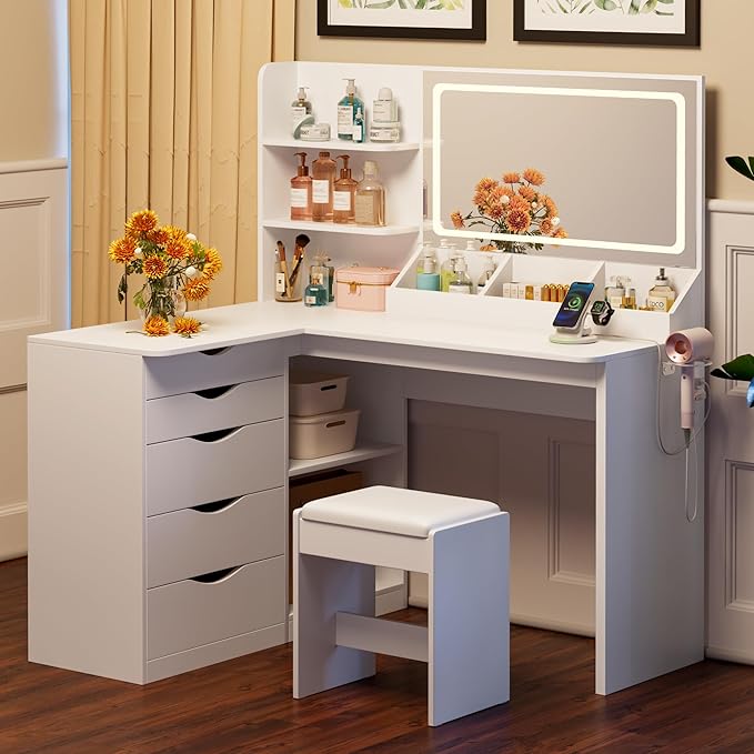 JUMMICO Makeup Vanity Desk with Mirror and Lights, L- Shaped Vanity, Modern Vanity Table with 5 Drawers & Adjustable Shelves, Power Outlet with Fast Charging, for Bedroom (White)