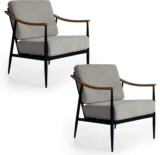 Modern Accent Chairs Set of 2 for Living Room Bedroom Mid Century Arm Chairs Upholstered Office Accent Chairs Comfy Waiting Room Chairs with Metal Frame, Grey