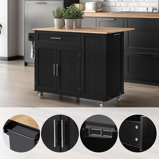 Kitchen Island with Storage & Drop Leaf - 43.3" Mobile Kitchen Cart with Wheels, Rolling Kitchen Island with Trash Bin Cabinet & Towel Rack, Rubberwood Top, Black Island for Kitchen