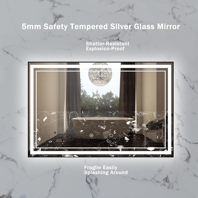 55" x 36" LED Bathroom Mirror with Lights Framed LED Mirror for Bathroom Backlit and Front Lighted Bathroom Mirror Black Square Aluminum Frame Anti-Fog Dimmable Adjustable Shatter-Proof