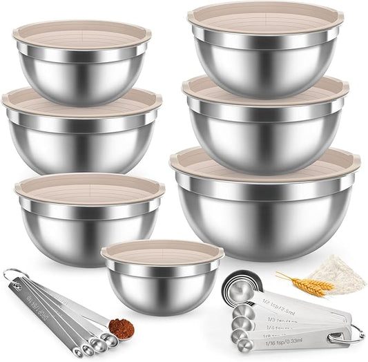 21PCS Mixing Bowl Set with 7 Mixing Bowls &14 Measuring Spoons, Stainless Steel Nesting Bowls for Baking & Cooking (No-Slip Base Not Included)
