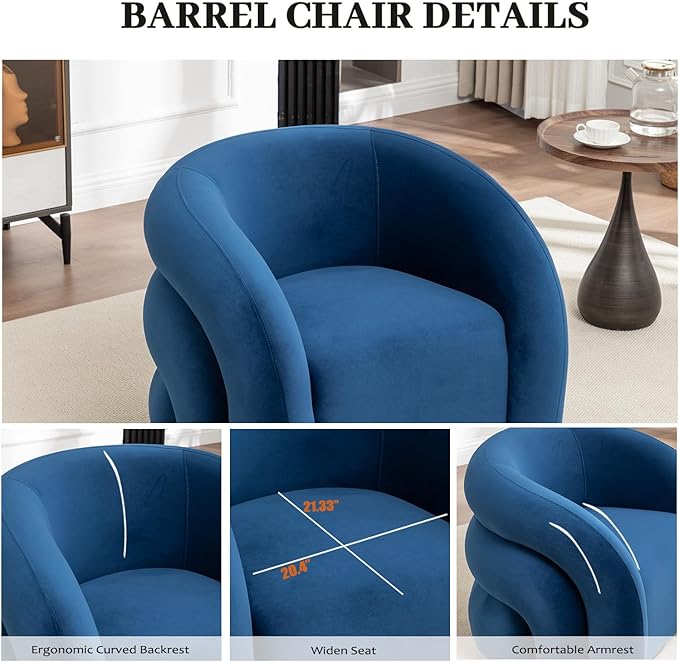 34.6" Velvet Swivel Accent Chair, Modern Round Armchair for Living Room,Upholstered Comfy Sofa Barrel Chairs for Bedroom Reading Apartment Lounge,Fully Assembled(Navy Blue)