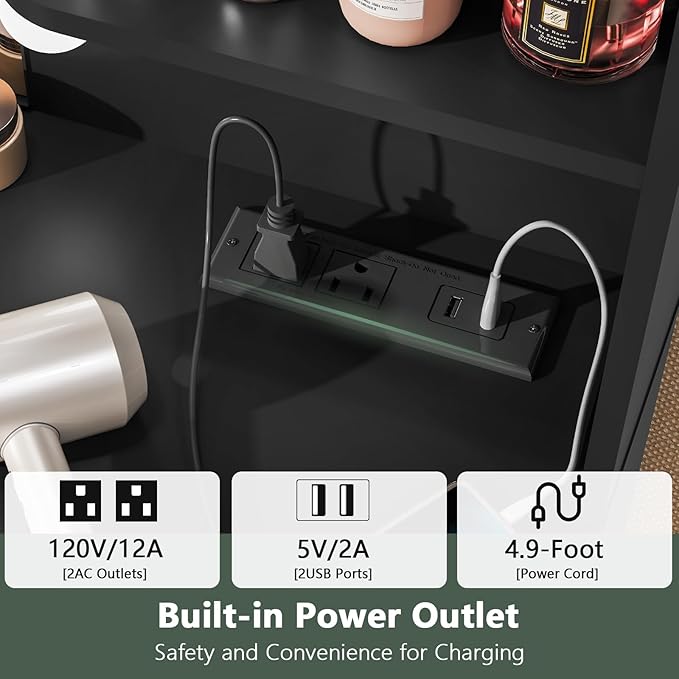 Quimoo Large Vanity Desk with LED Lighted Mirror & Power Outlet,Makeup Vanity Table with 7 Drawers,4 Shelves and 5 Hooks,Vanity Table, Vanity Desk Set for Bedroom,Bathroom，Black