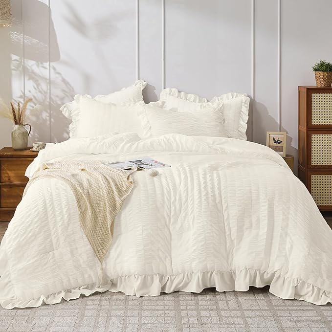 JOLLYVOGUE Ivory Queen Comforter Set, 3 Pieces Seersucker Comforters Queen Size, Lightweight & Fluffy Bedding Sets Queen for All Season with 1 Ruffle Comforter and 2 Ruffle Pillowshams
