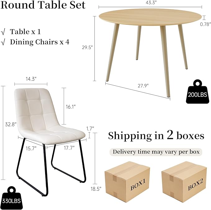 43.3 Inch Round Dining Table Set for 4, Modern Small Kitchen Coffee Set for Dining Room Kitchen Apartment (Cream Table+4 U-Shaped White Chairs)