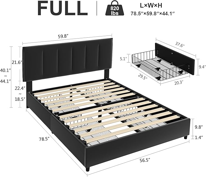 VECELO Full Size Bed Frame with 4 Storage Drawers, Adjustable Height Headboard, Heavy-Duty Platform Bedframe with Strong Wooden Slats, No Box Spring Needed, Black