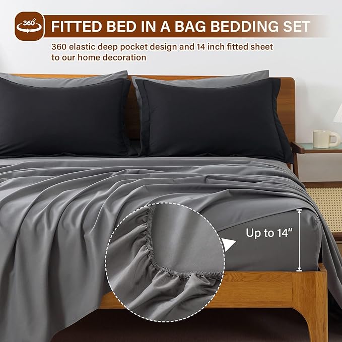 Cosybay Bed in a Bag Full Reversible Comforter Sets 7pcs All Season Down Alternative Bedding Sets Black and Grey with Comforter, Pillow Shams, Flat Sheet, Fitted Sheet and Pillowcase