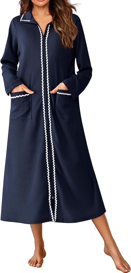 Ekouaer Zipper Robes for Women Long Waffle Knit Bathrobe Lightweight Long Sleeves Robe Soft Sleepwear with Pockets S-XXL