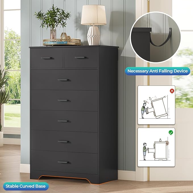 DICTAC Black Dresser for Bedroom with 7 Drawers, 55.7" Tall Dressers Chest of Drawers, Modern Large Wood Storage Dresser Organizer with Metal Handle, Vertical Dressers for Bedroom Living Room Nursery