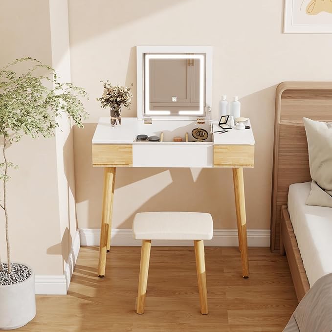 YOURLITE Makeup Vanity Desk with Flip-top Mirror and Lights, 3-in-1 Makeup Vanity Table with 2 Drawers and Cushioned Stool, Writing Desk Dressing Table Vanity Set