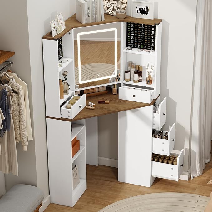 ARTETHYS Corner Vanity Desk with Mirror and Lights Makeup Table with Storage Large Farmhouse Vanity Sets with Drawers for Women, White
