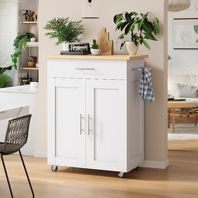 Kitchen Island with Storage - Mobile Rolling Kitchen Island Cart with Wheels, Large Drawer, Adjustable Shelf & Towel Rack, Space-Saving White Kitchen Organizer for Dining Room & Small Spaces