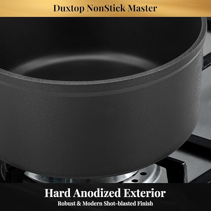 Duxtop Nonstick Master Saucepans 3 Quart Hard Anodized Sauce Pan with Lid, Aluminum Cooking Pot PFAS-Free, Oven Safe to 500°F, Black