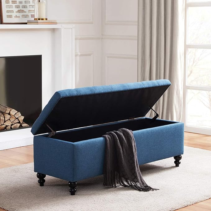 HUIMO Button-Tufted Ottoman with Storage in Upholstered Fabrics, Large Storage Bench for Bedroom, Living Room, Entryway, Bench with Safety Hinge Hold Up to 300lbs (Blue)