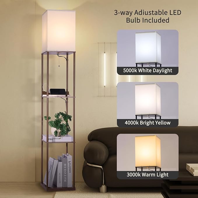 Floor Lamp with Shelves, with 2 USB Ports and Power Outlet Modern Square Standing Lamp with 3 Color Temperature Bulb, Corner Display Bookshelf Lamp for Living Room, Bedroom and Office (brown-9DY)