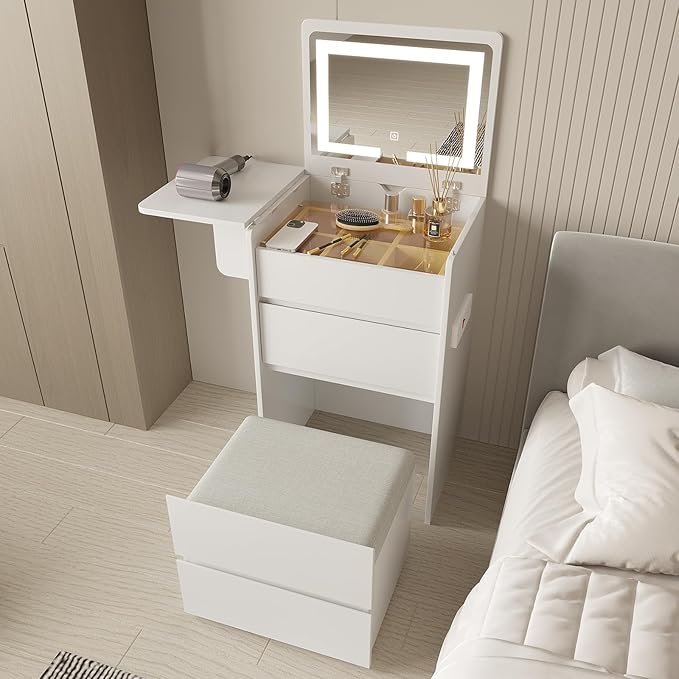 Vanity Desk with Flip Top Lighted Mirror, Compact Makeup Table with Storage Stool, Integrated Vanity with Drawers, 3-in-1 Vanity Desk Set, Small Dressing Table for Bedroom (White)